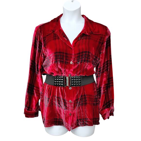 Soft Surroundings Blouse Size Large Red Festive Velvet Button Down - Picture 1 of 14